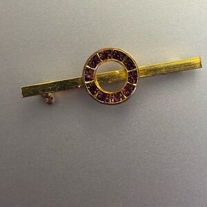 Gold-Tone Bar Brooch with Pink Crystal Circle